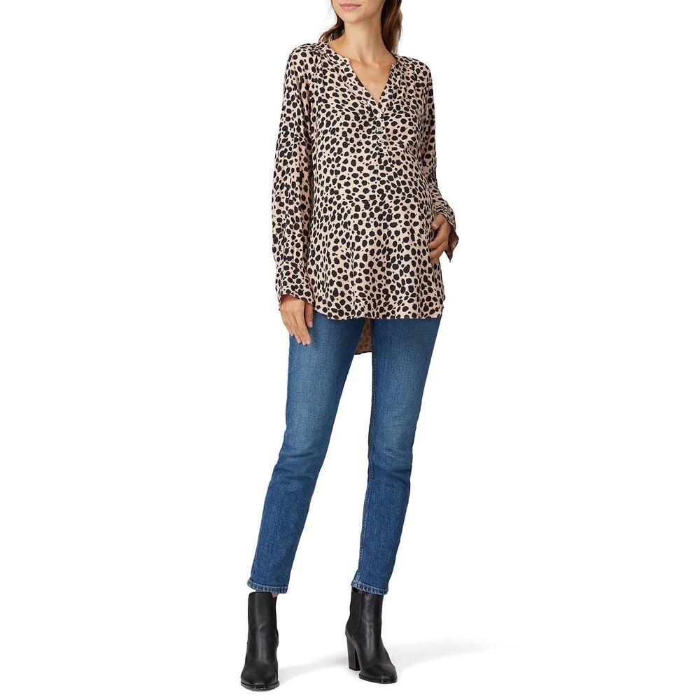INGRID & ISABEL Brown Leopard Long Sleeve Three Button Placket Maternity Top XS